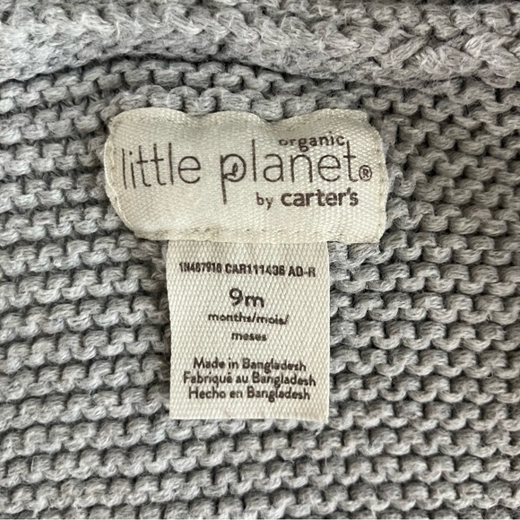 EUC Little Planet by Carter's Baby Organic Signature Stitch Cardigan Grey 9M - Picture 10 of 11